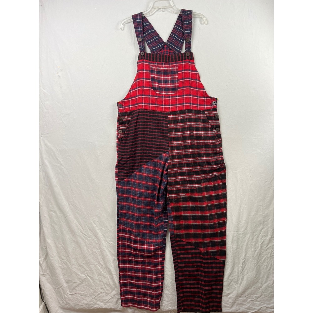 Sacred Threads Patchwork Plaid Overalls Womens L/XL Red Black Rayon Bib Jumpsuit